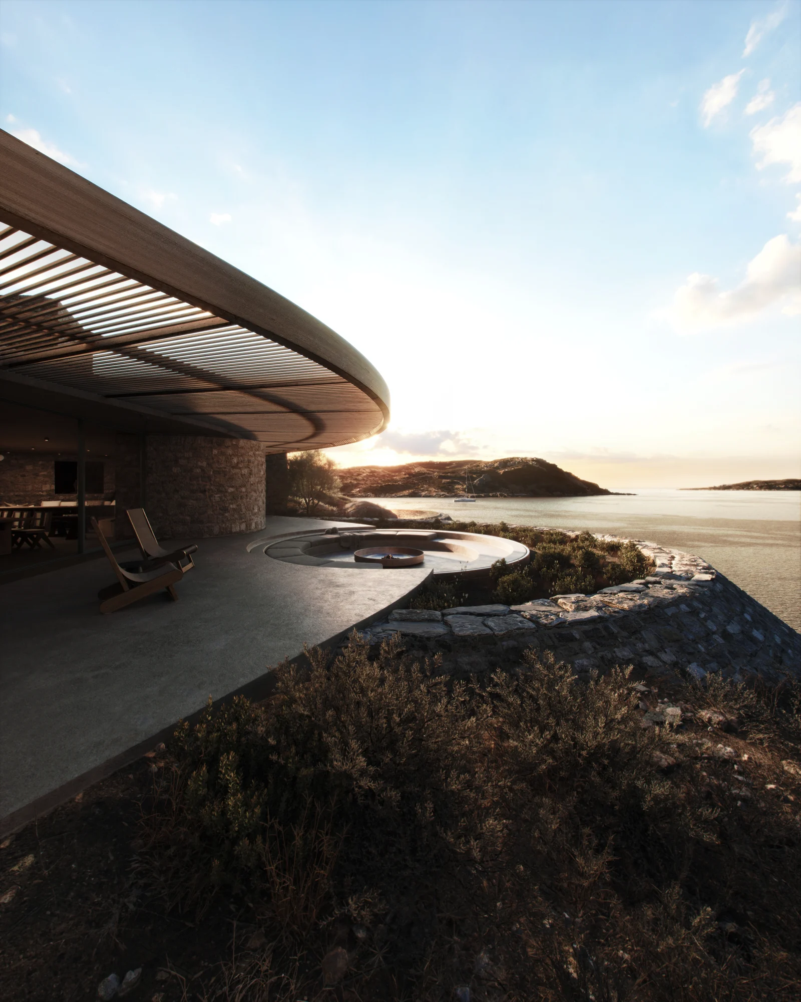 Maison Cheval curved canopy and sunken lounge at sunset